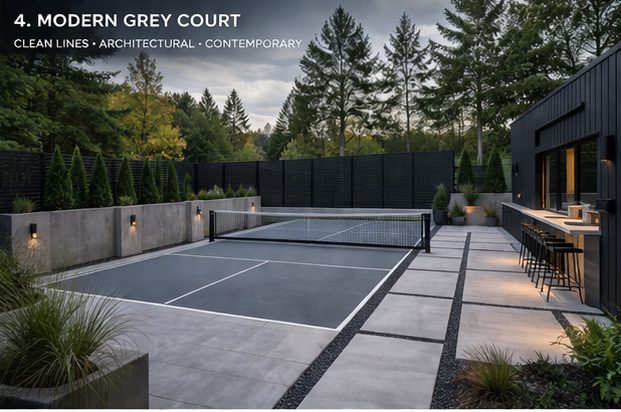 Concept rendering: charcoal court with concrete walls, black fencing and a modern outdoor bar