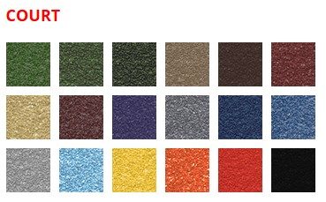 Grid of eighteen textured court color samples including greens, blues, tans, reds, grays and black