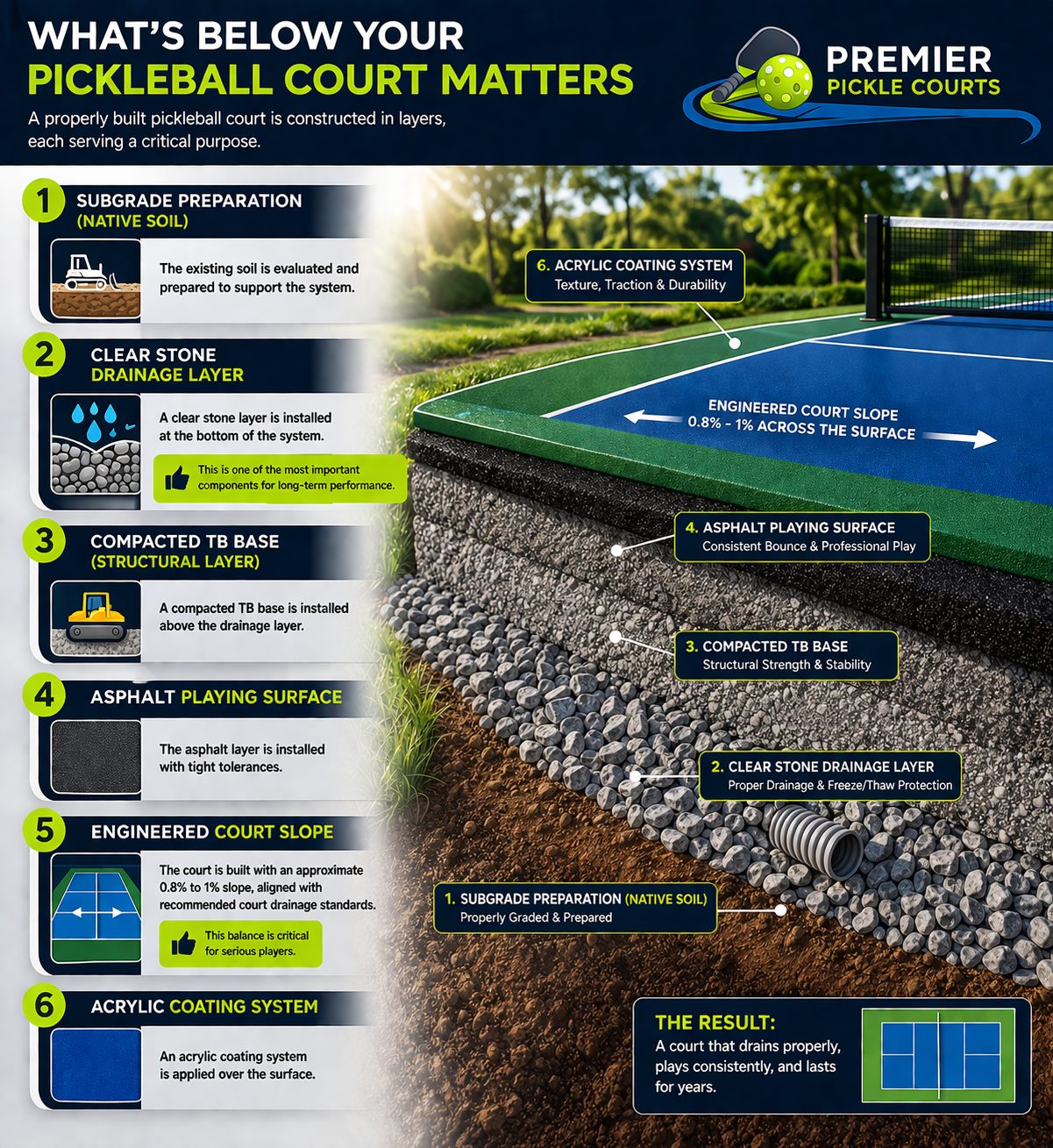 Cutaway illustration of a pickleball court showing six layers: native soil subgrade, clear stone drainage with drain tile, compacted TB base, asphalt, 0.8 to 1 percent slope and acrylic coating